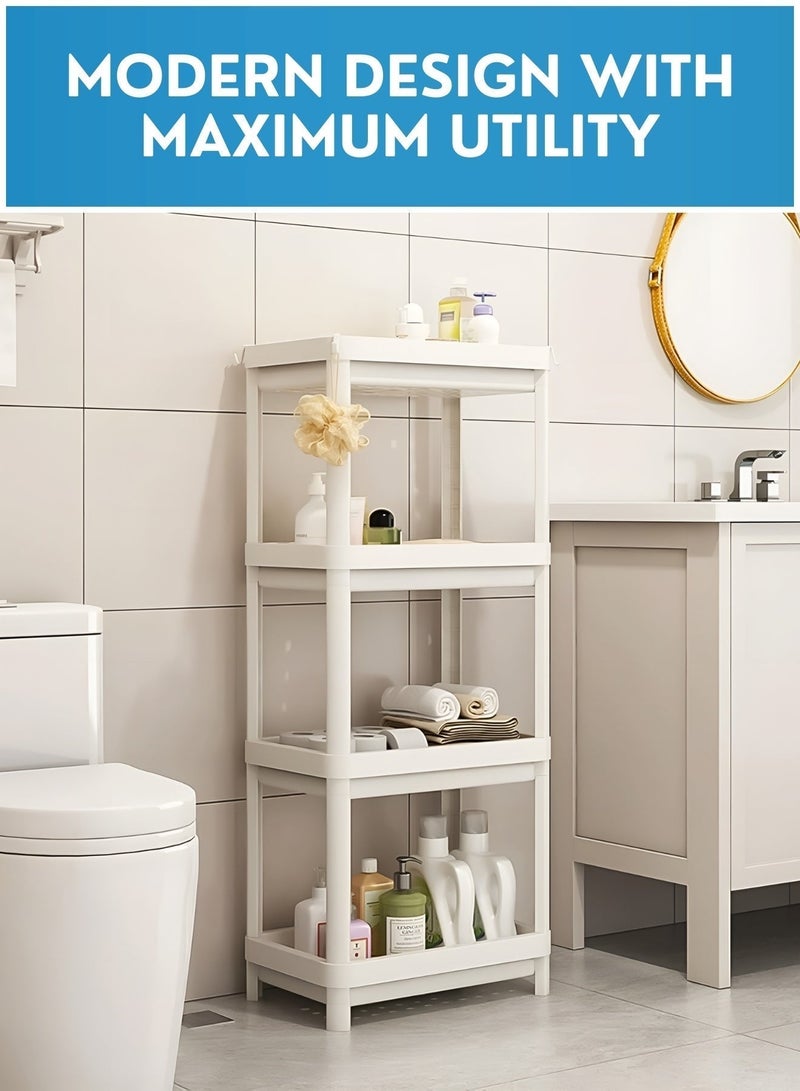 JUNI 4 Tier Slim Plastic Storage Rack Organizer, Space Saving Freestanding Shelf for Kitchen, Bathroom, Pantry & Laundry Room – Heavy Duty Multi-Purpose Home Storage Shelf - Image 4